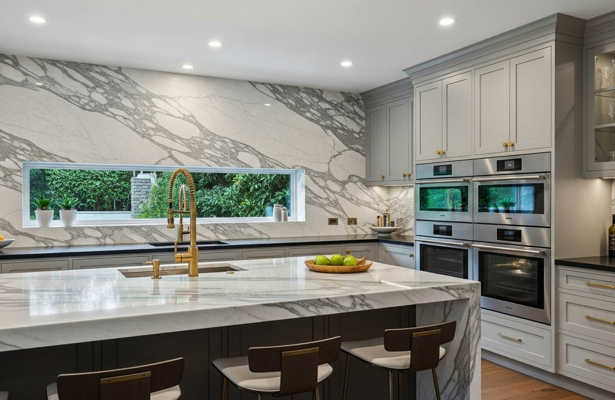 Modern kitchen with marble waterfall island and upholstered counter stools beneath sleek cabinetry and brass fixtures.
