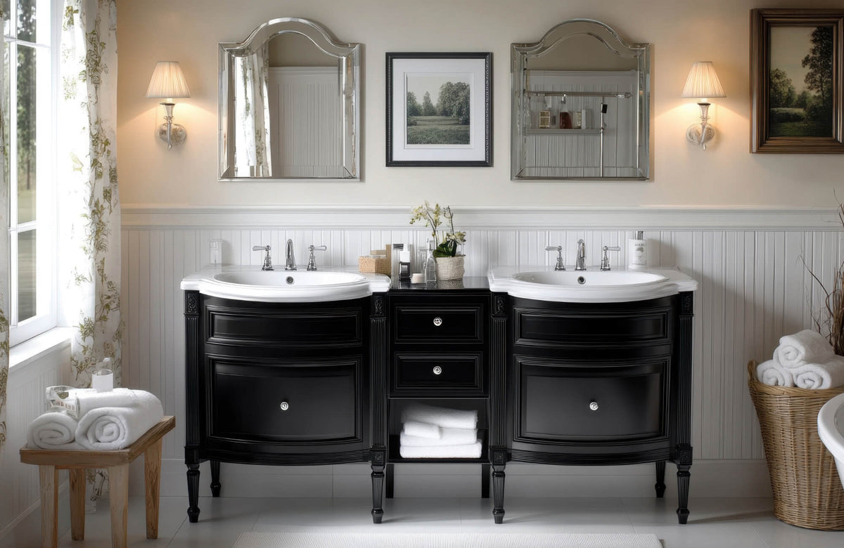 Elegant bathroom with a black double vanity, dual mirrors, wall sconces, and neatly arranged towels creating a balanced, serene space.