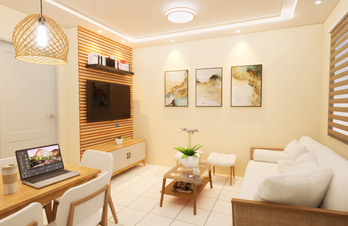 Modern living room with layered lighting, wall art, wooden accents, sofa, and dining table with laptop and pendant lamp.