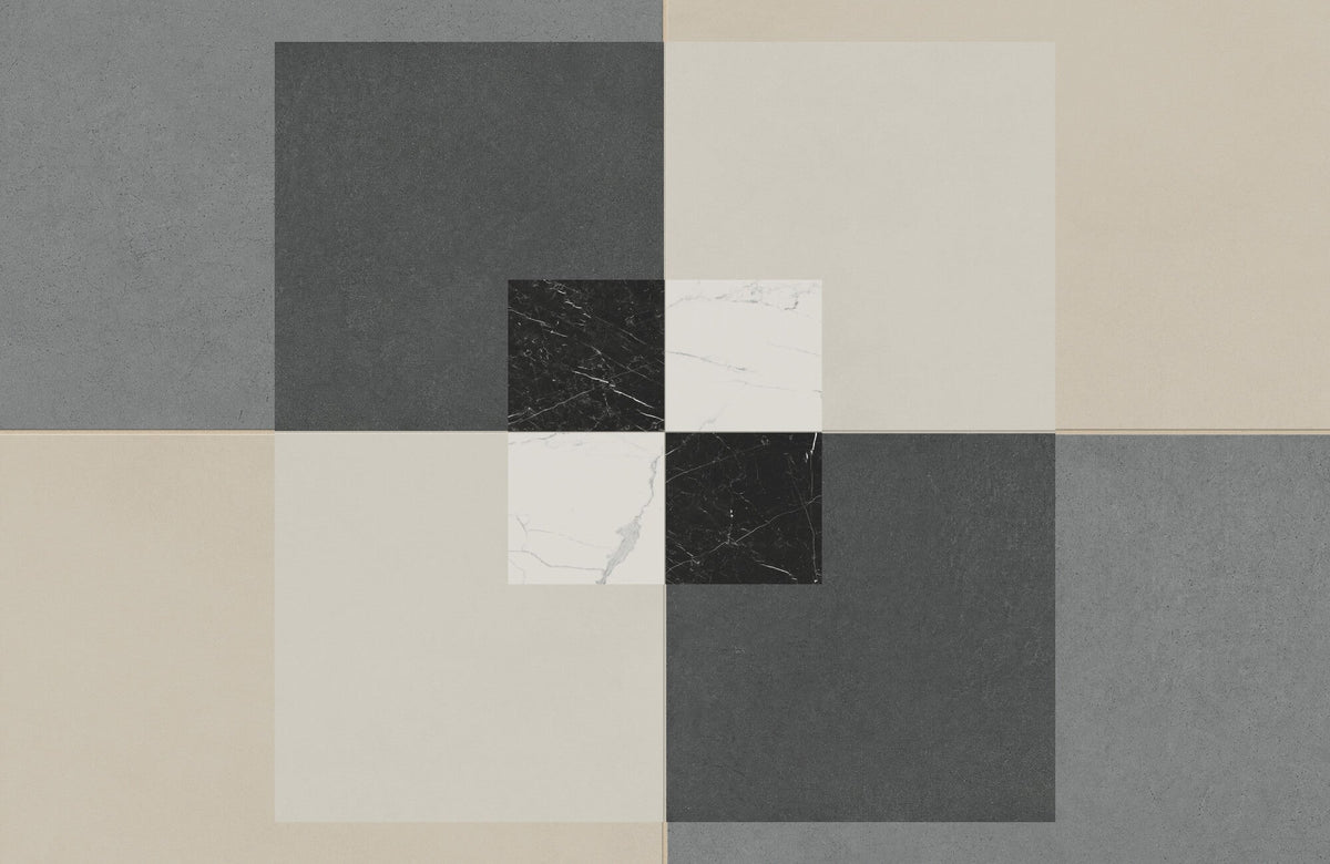 Checkerboard tile floor layout showcasing large, medium, and small tiles in matte finishes for layered visual depth.