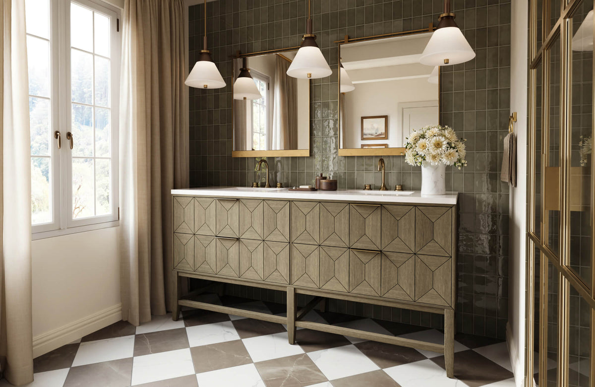 Classic bathroom featuring glossy green wall tiles and a patterned wood vanity, styled with warm lighting and neutral drapes for a refined, inviting look.