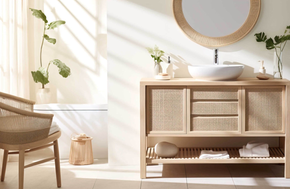 Light-filled bathroom with a woven wood vanity, round framed mirror, vessel sink, and soft neutral tones creating a calm, spa-like feel.