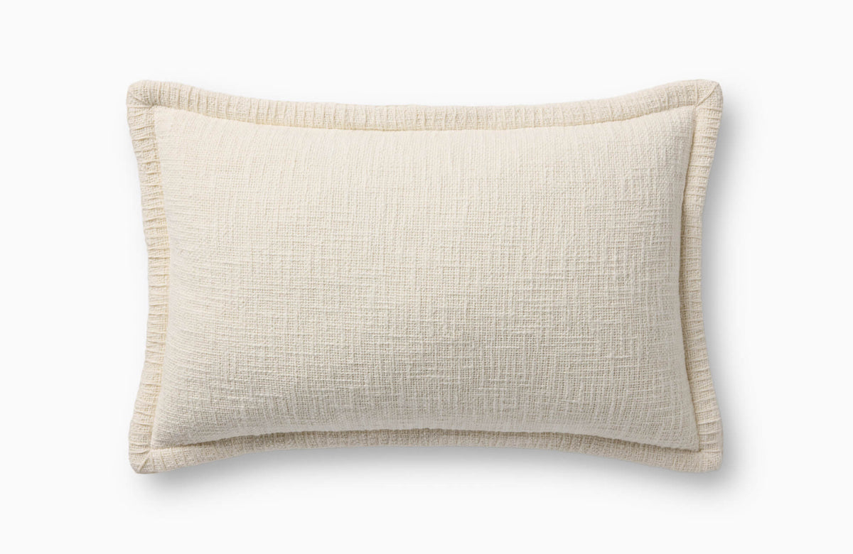 Cream rectangular throw pillow with textured woven fabric and raised border trim on a white background.