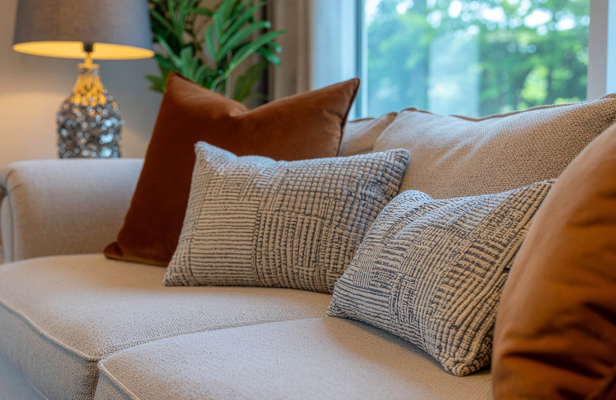 Neutral sofa styled with layered decorative pillows in warm tones, showcasing texture contrast and balanced 2-2-1 arrangement near window light.