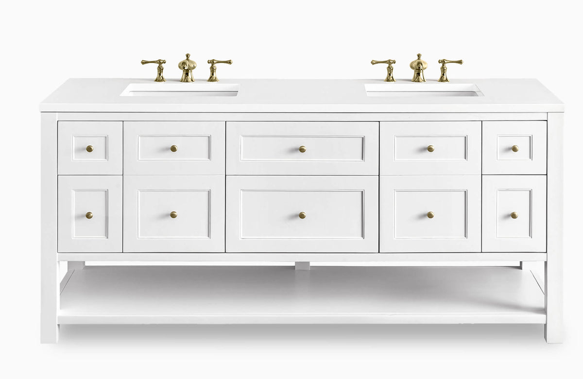 Sleek white double-sink vanity with brass fixtures and symmetrical drawer layout, offering a timeless, clean-lined design.