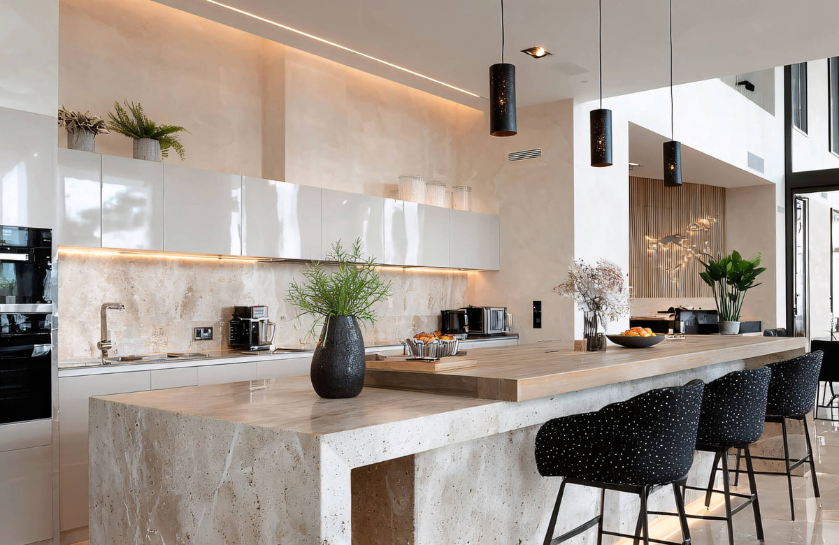 Modern kitchen island with three black pendant lights evenly spaced, illustrating the rule of three for balanced, contemporary island lighting.