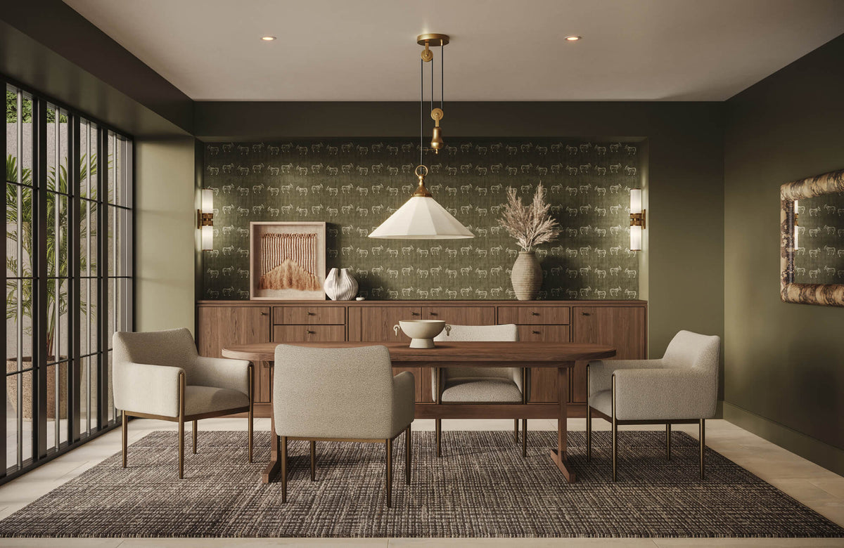 Elegant dining room with patterned wallpaper accent wall, wood furniture, neutral chairs, and pendant lighting creating a warm, refined atmosphere.