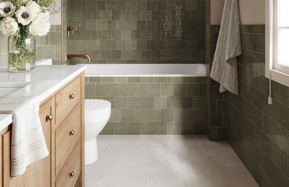 Bathroom featuring rectangular subway tile shape in olive green, laid in a horizontal brick pattern for a clean, spacious look.
