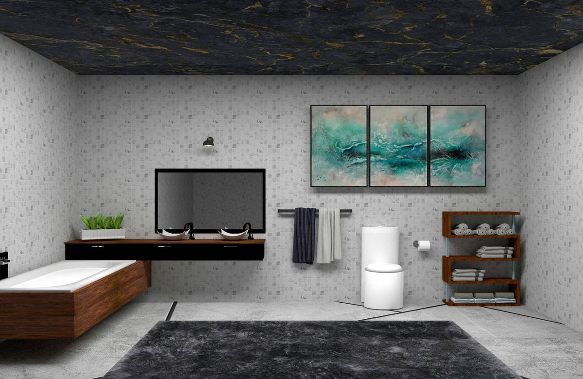 Modern bathroom with textured gray walls, floating wood vanity, double sinks, and three-panel abstract teal artwork above towel rack.
