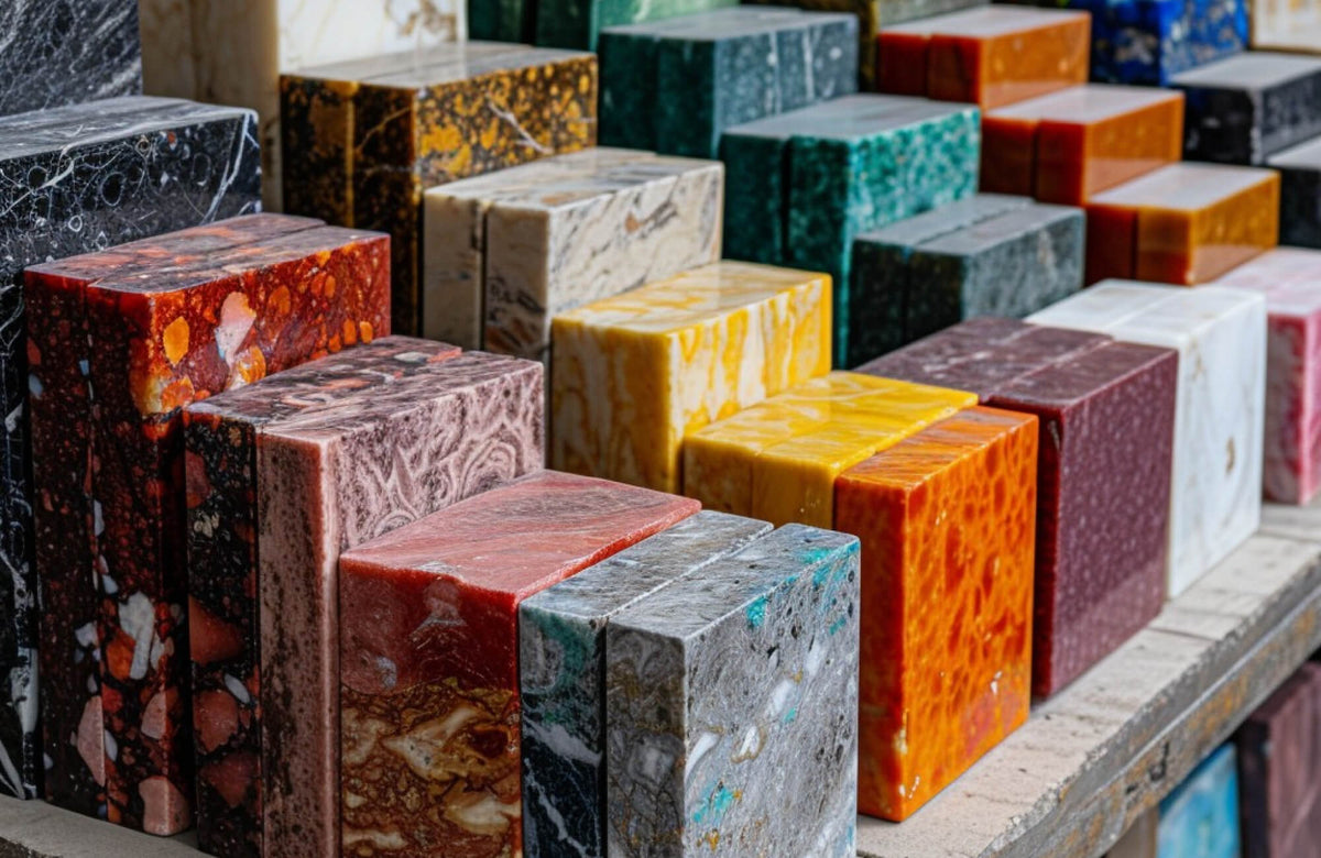 Colorful polished natural stone blocks displayed in rows, showing varied marble and granite patterns, textures, and mineral compositions.