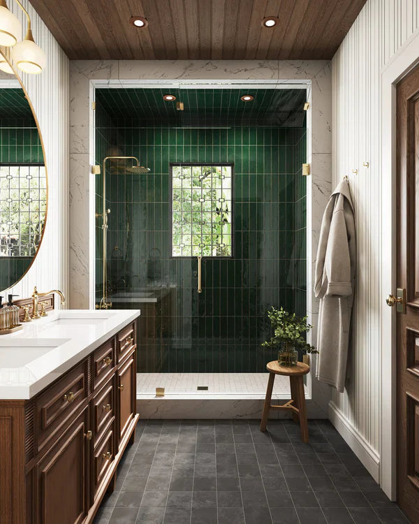 Elegant marble-look tiles in a shower space, offering a luxurious and clean design