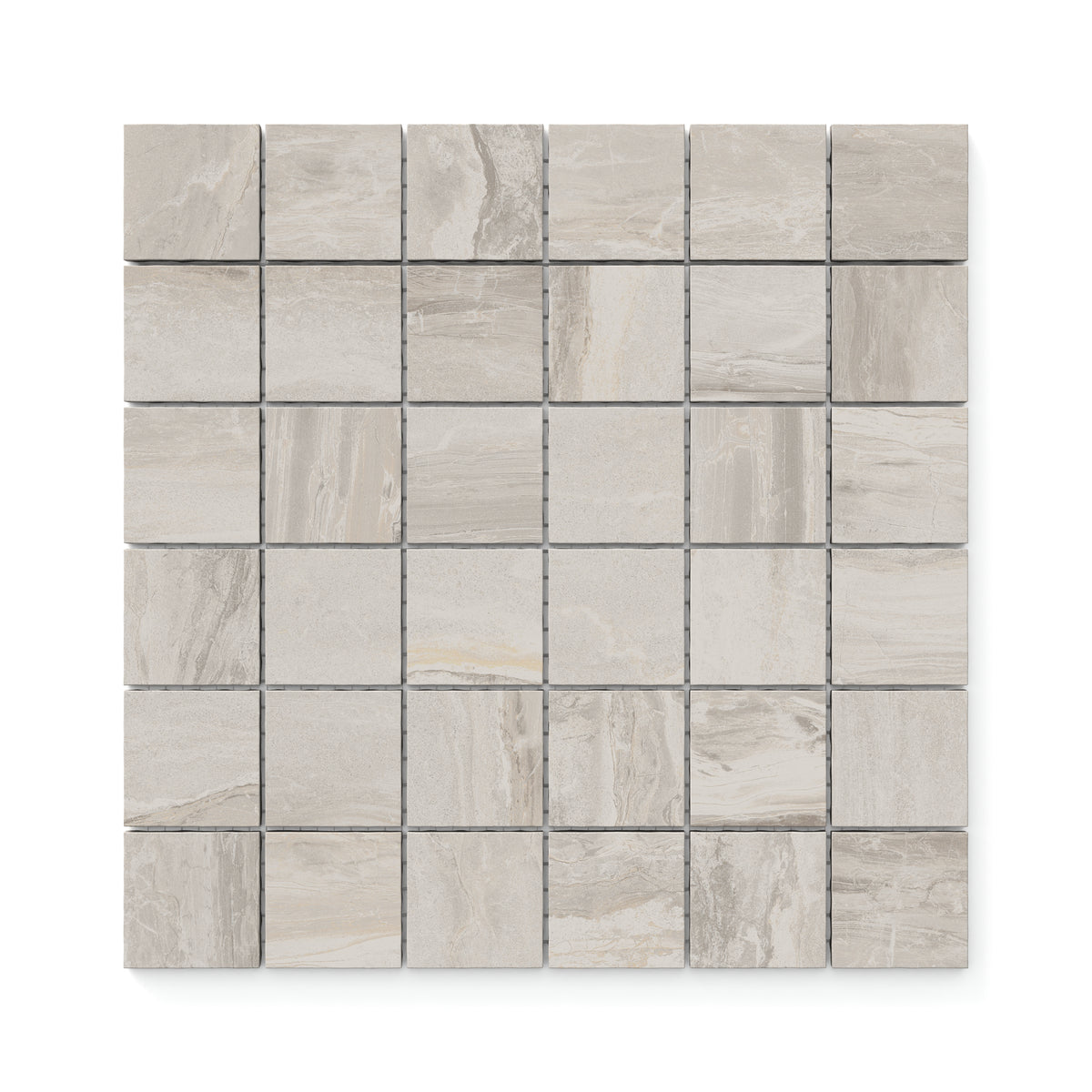 Harley Greige 2x2 matte mosaic tiles, showcasing a soft blend of beige and taupe tones with natural stone-inspired patterns, perfect for versatile designs.