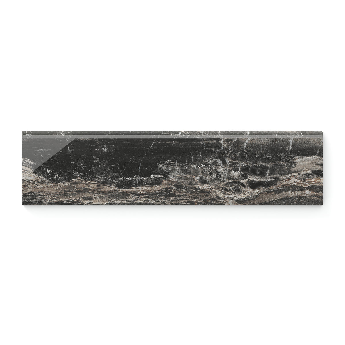 A polished 3x12 bullnose tile showcases brown and dark grey tones and striking veining, offering a sophisticated finish for edge detailing.