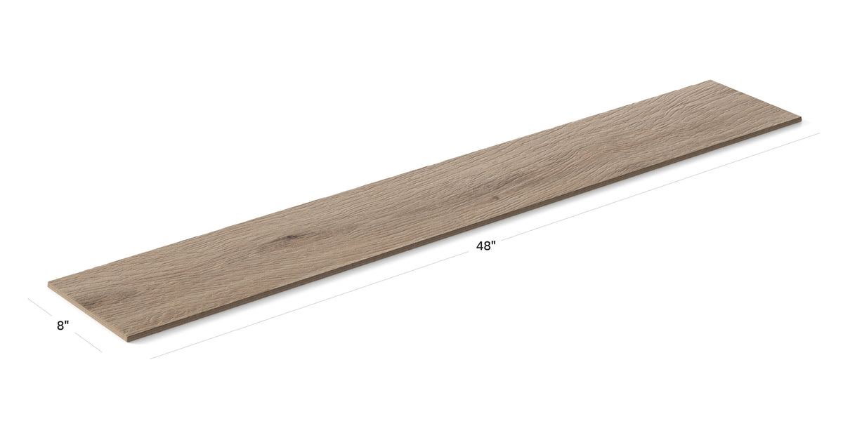 Close-up of the expansive 8x48 Preston porcelain plank, showcasing its impressive size and intricate wood-like details.