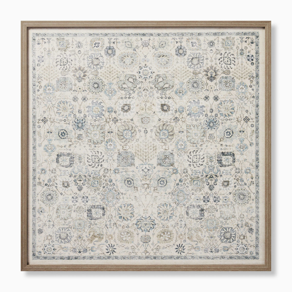Wall art with an off-white base layered in intricate floral rosettes and geometric medallions, accented by warm neutral tones and subtle blue-gray details.