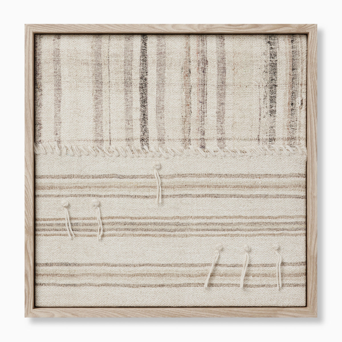 Framed textile wall art with weathered linear patterns, stitched accents, and overlapping neutral-toned fabrics with subtle contrast.