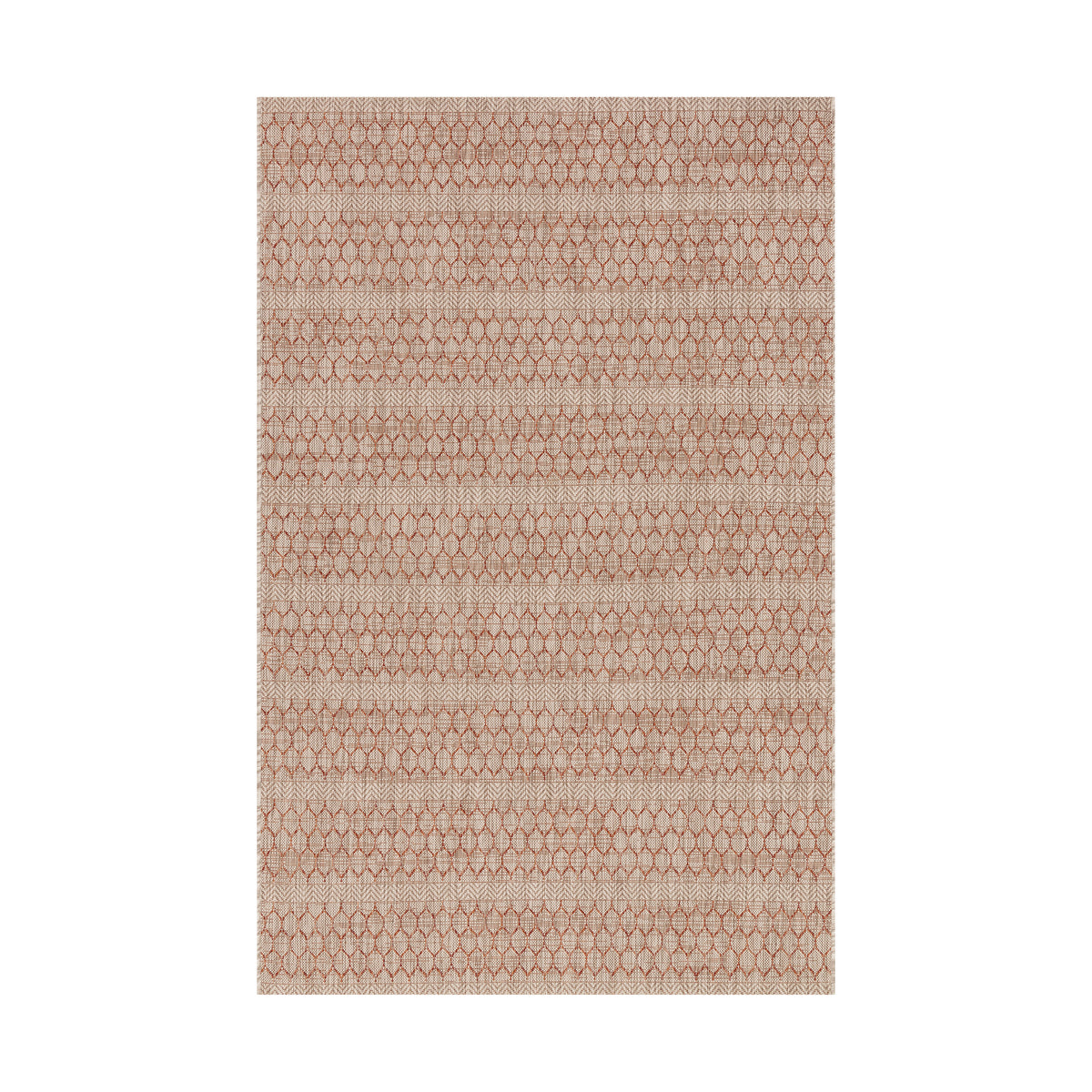 Indoor/Outdoor rug with beige, brown, and red-leaning tones, featuring a soft honeycomb pattern and horizontal stripe detailing for subtle visual texture.