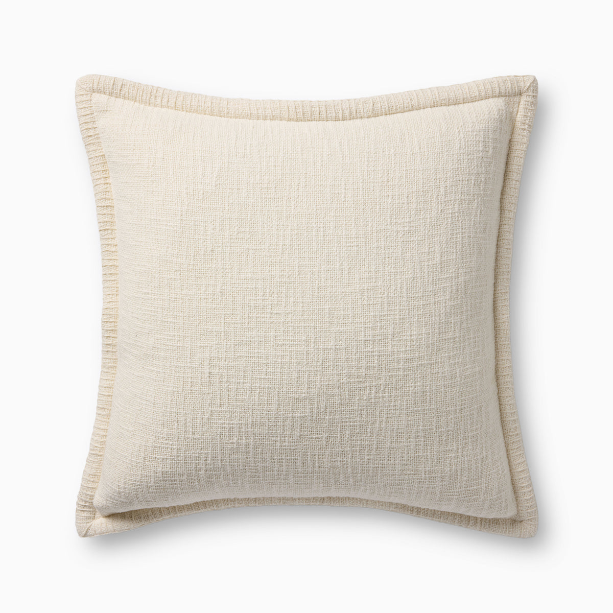 This off-white pillow features a subtle woven texture, matching whipstitched flange edges, and an antique bronze zipper concealed behind a tailored flap.