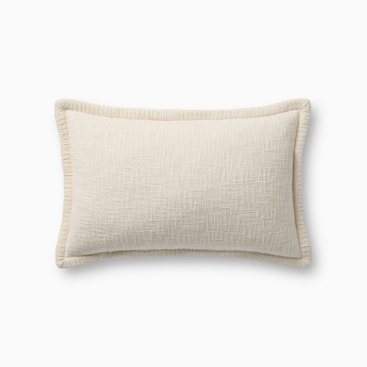 An off-white pillow with a subtly textured weave, finished with matching whipstitching along the flange edge and an antique bronze zipper tucked neatly behind a tailored flap for a light cotton touch.