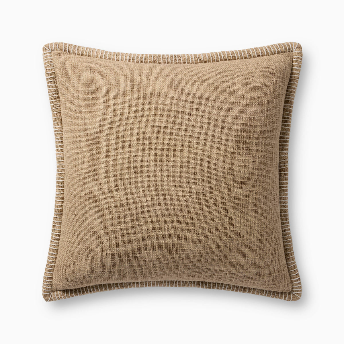 A soft taupe pillow with woven texture, white whipstitched flange edges, and an antique bronze zipper concealed by a tailored flap, finished with a light, breathable cotton feel.