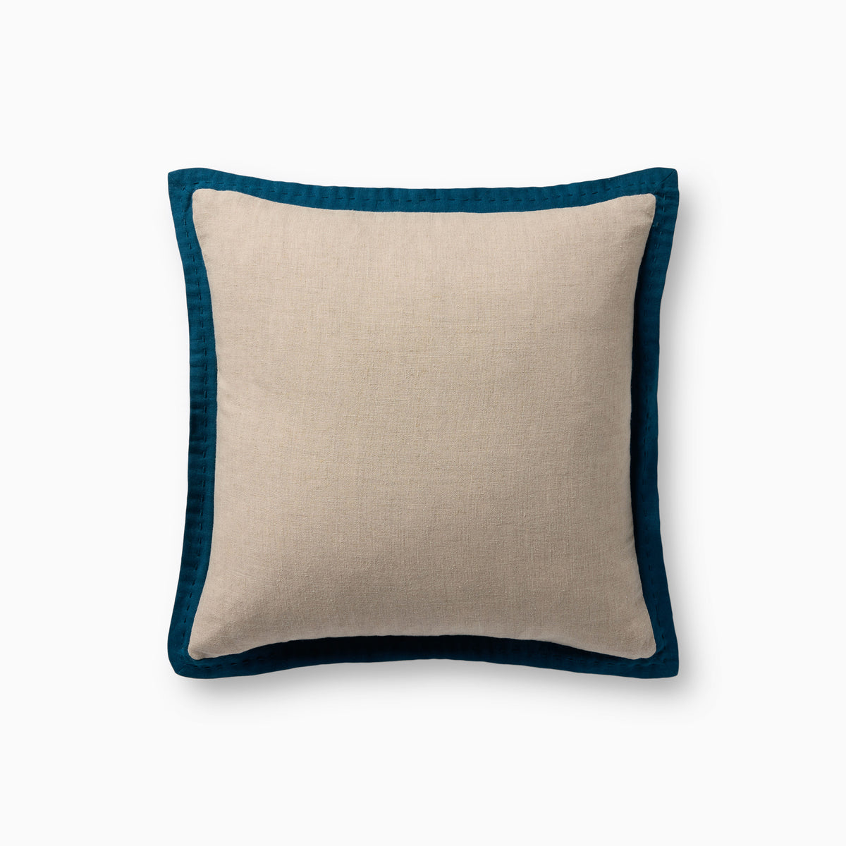 Brielle 18x18 pillow cover featuring soft beige linen framed with a blue cotton flange and subtle hand-stitched detailing.