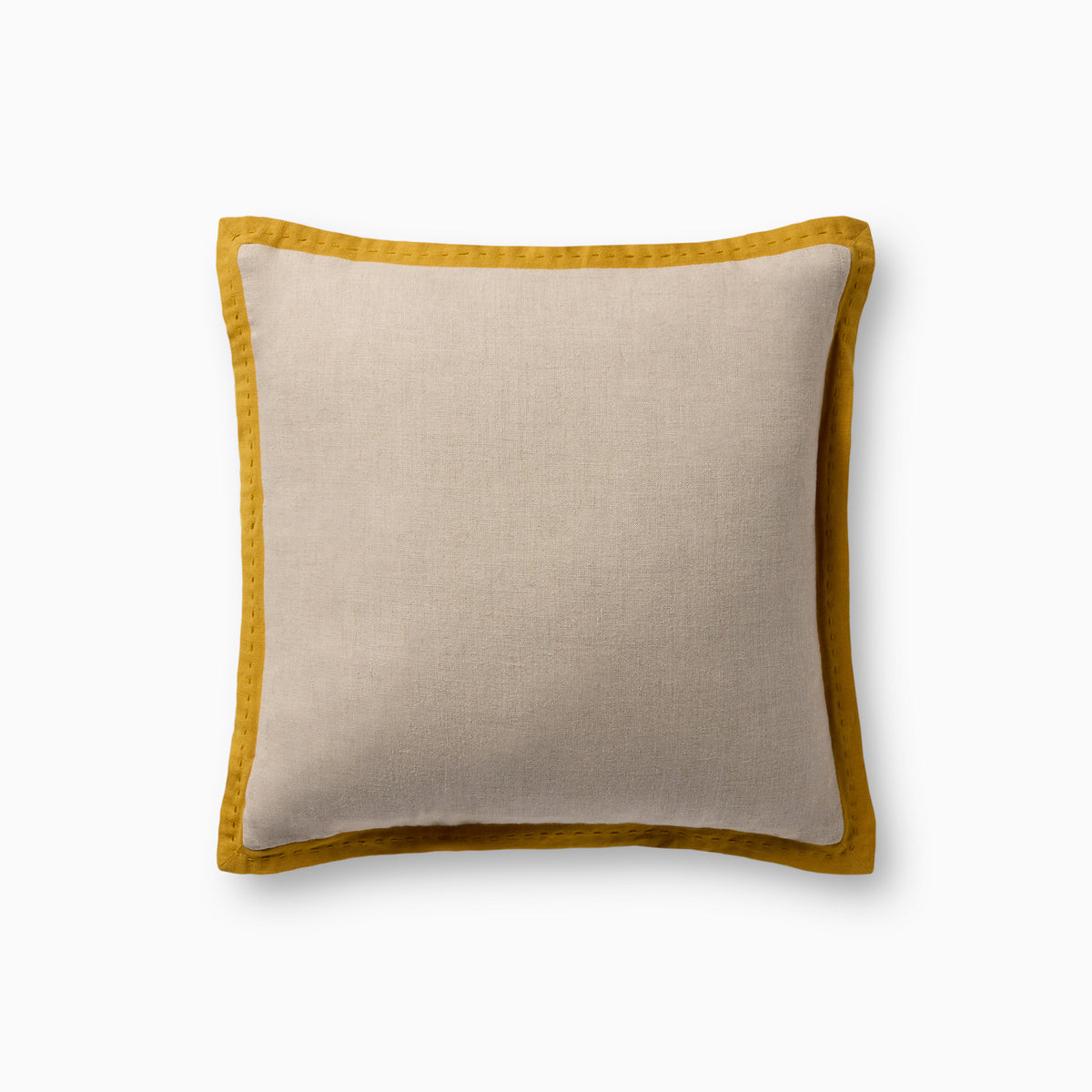 Brielle 18x18 pillow cover in beige linen framed by a mustard cotton flange with hand-stitched detailing and subtle rustic charm.