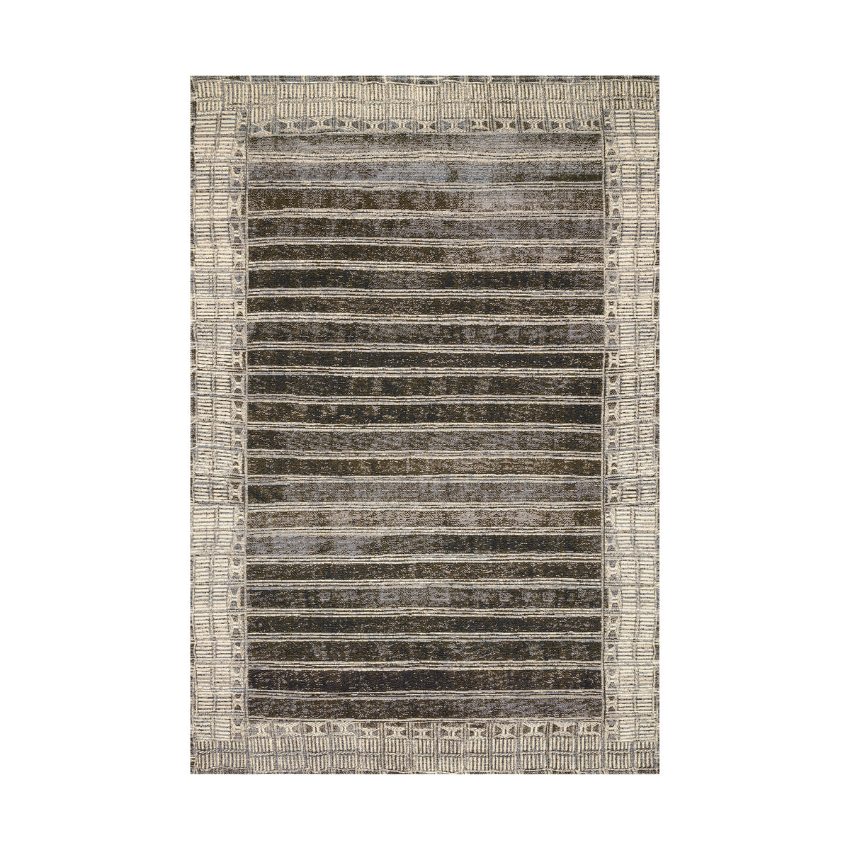 Rectangular area rug featuring a layered horizontal stripe pattern with subtle textural variation, framed by a decorative border in muted tones of dark gray, taupe, and beige for a refined, handcrafted look.