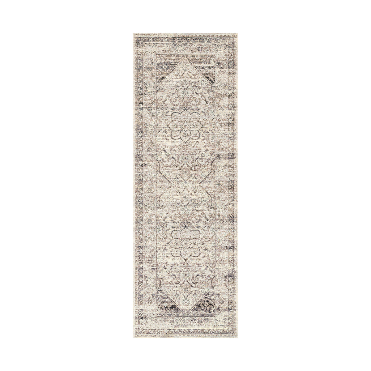 Narrow runner rug featuring a softly distressed vintage-style medallion pattern with layered borders, rendered in a muted neutral palette of ivory, beige, and gray for an elegant, timeworn appearance.