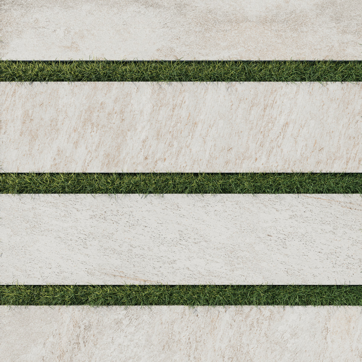 Carter Stone 12x48 Matte Pavers, showcasing beige tones with natural stone-like textures and grass inlays for a contemporary outdoor aesthetic.