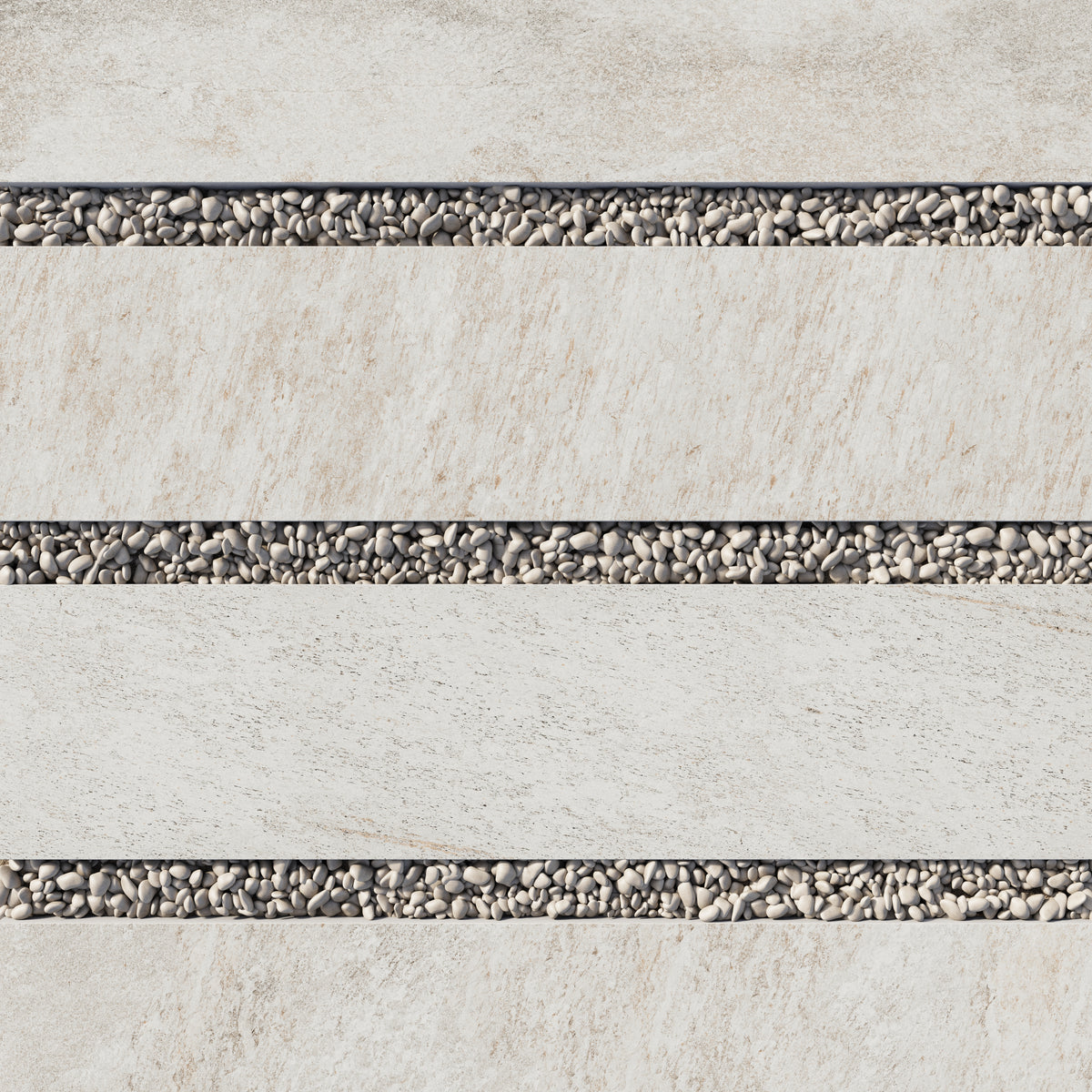 Carter Stone 12x48 Matte Porcelain Pavers in beige tones with stone-like textures, bordered by grey pebbles for a sleek and modern outdoor design.
