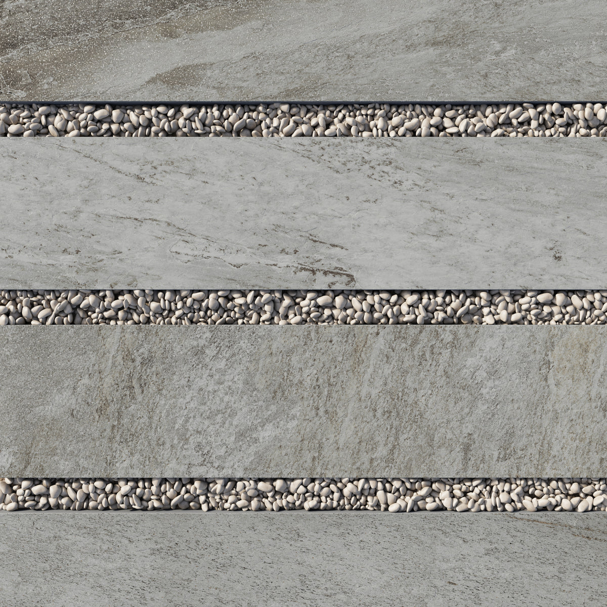 Carter Fossil 12x48 Matte Pavers, highlighting grey stone-like textures and veining, complemented by pebble borders for an elegant landscaping touch.