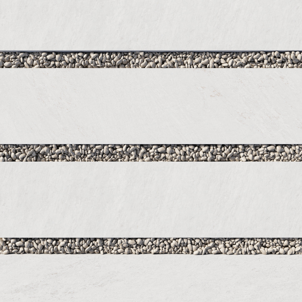 Close-up of Carter Ash 12x48 Matte Porcelain Pavers, 2cm thick, showcasing white tones with natural stone patterns, bordered with pebbles for a sophisticated landscape aesthetic.