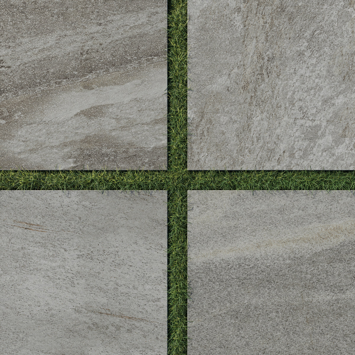 Carter Fossil 24x24 Matte Porcelain Pavers, 2cm thick, showcasing earthy grey tones with natural stone-like textures, complemented by green grass for outdoor elegance.