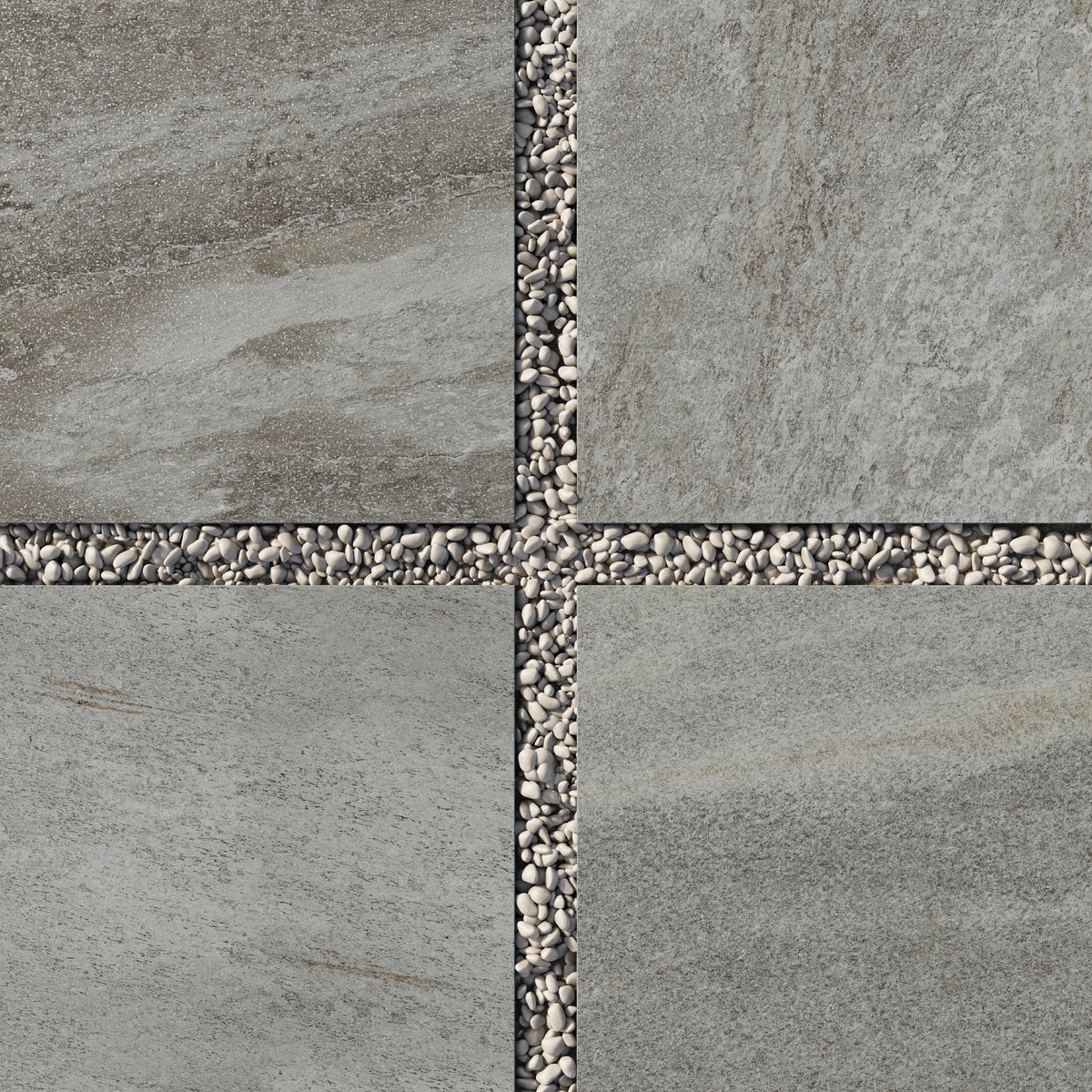 Carter Fossil 24x24 Matte Porcelain Pavers, 2cm thick, showcasing textured grey surfaces bordered by decorative pebbles, ideal for contemporary landscaping.