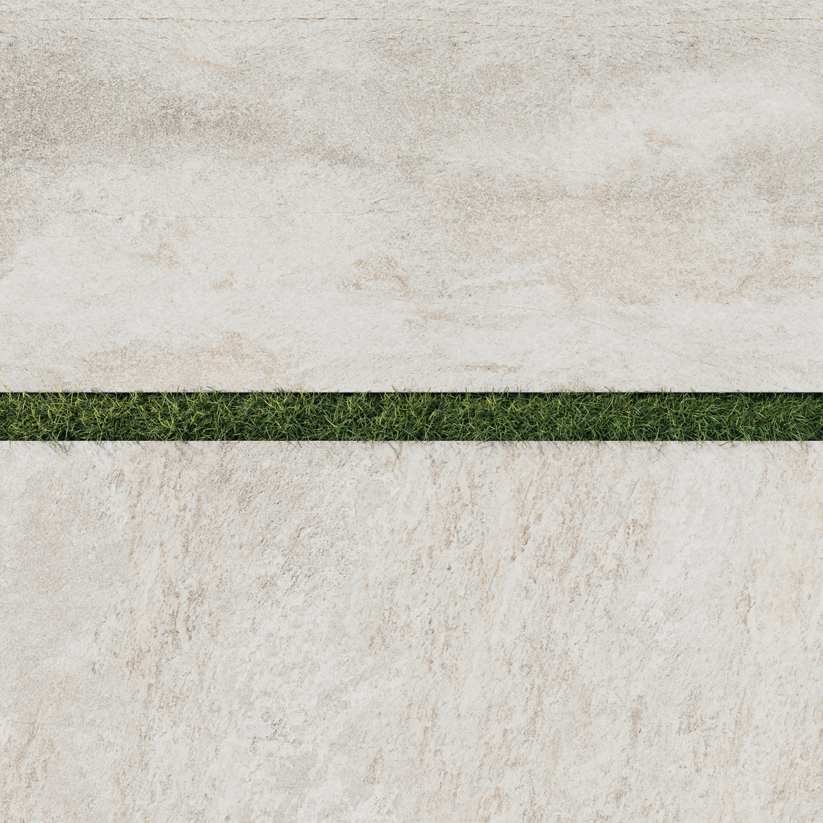 Close-up of Carter Stone 24x48 Matte Porcelain Pavers, 2cm thick, featuring a subtle beige stone-like texture with grass inlays.