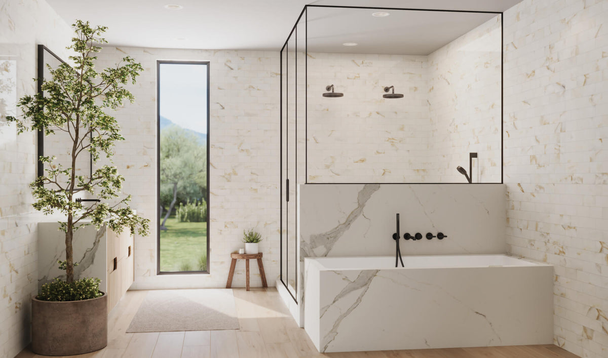 Chic bathroom showcasing creamy onyx look tiles with nature-inspired accents and modern black fixtures