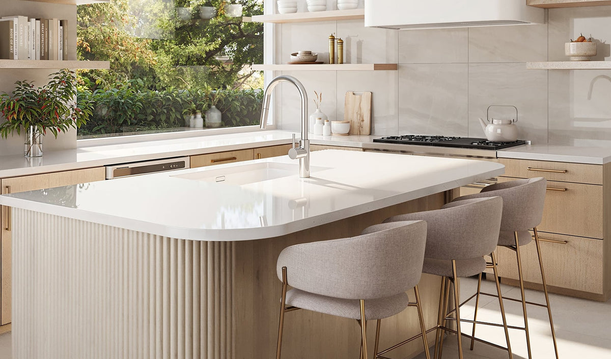 Chic onyx look tile in a modern kitchen enhances the space with its creamy elegance and refined simplicity