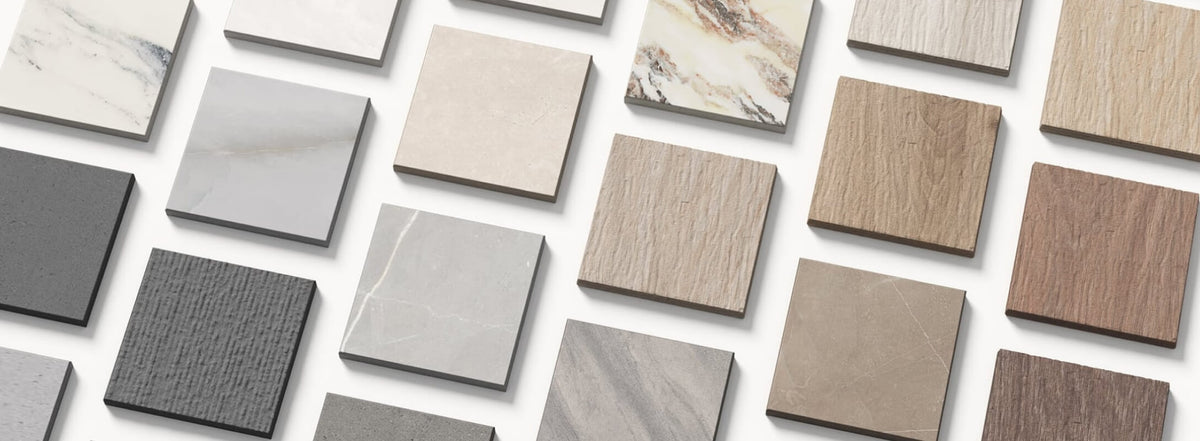 A versatile array of bathroom tiles in various colors and textures, including marble, wood, and concrete finishes, ideal for any style
