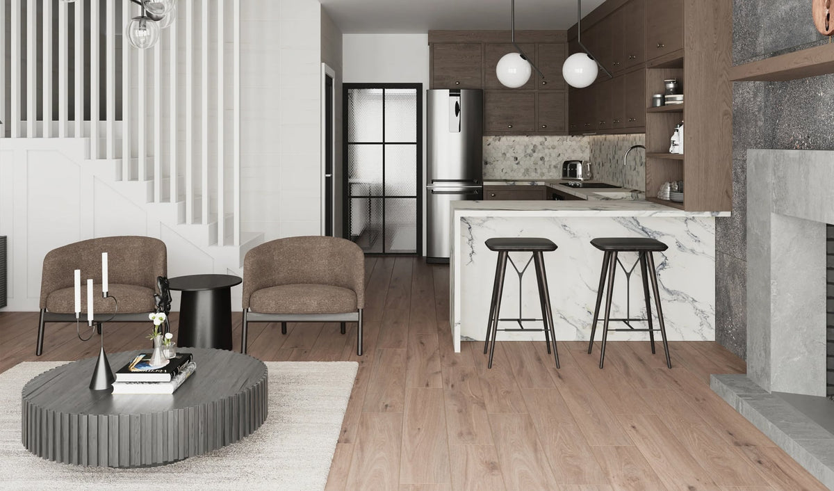 Elegant wood look tiles provide a warm foundation for a chic monochrome living space with striking marble accents
