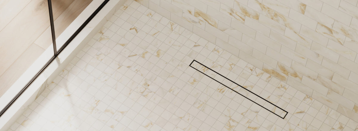 Elegant shower featuring marble-look tiles with golden veins and white subway tiles on the wall