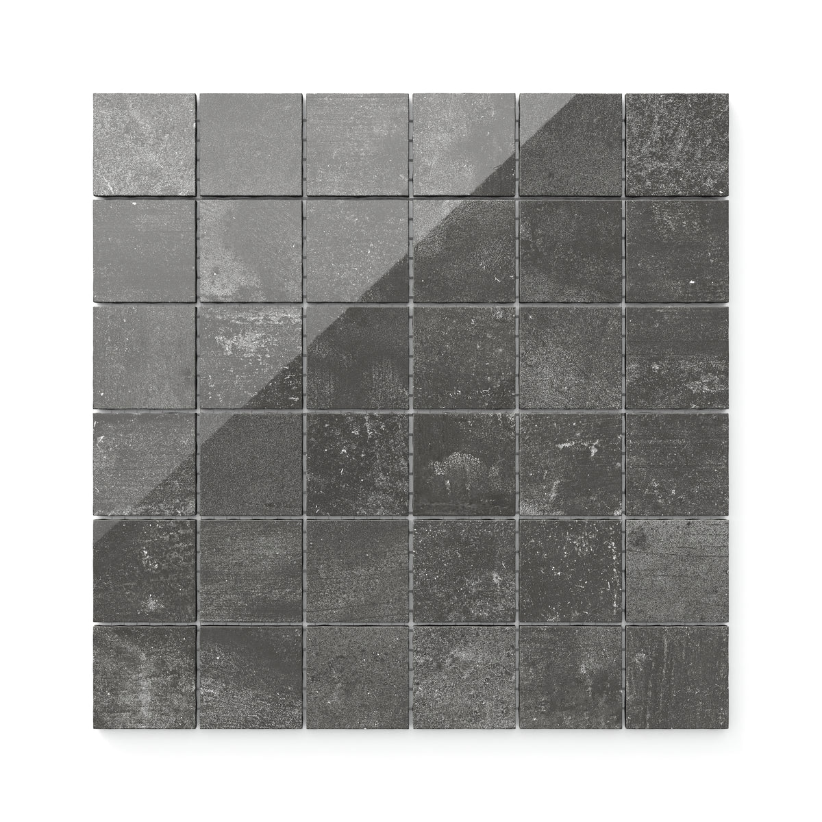 2x2 mosaic porcelain tiles featuring rich dark gray tones and a sleek, polished finish for bold sophistication