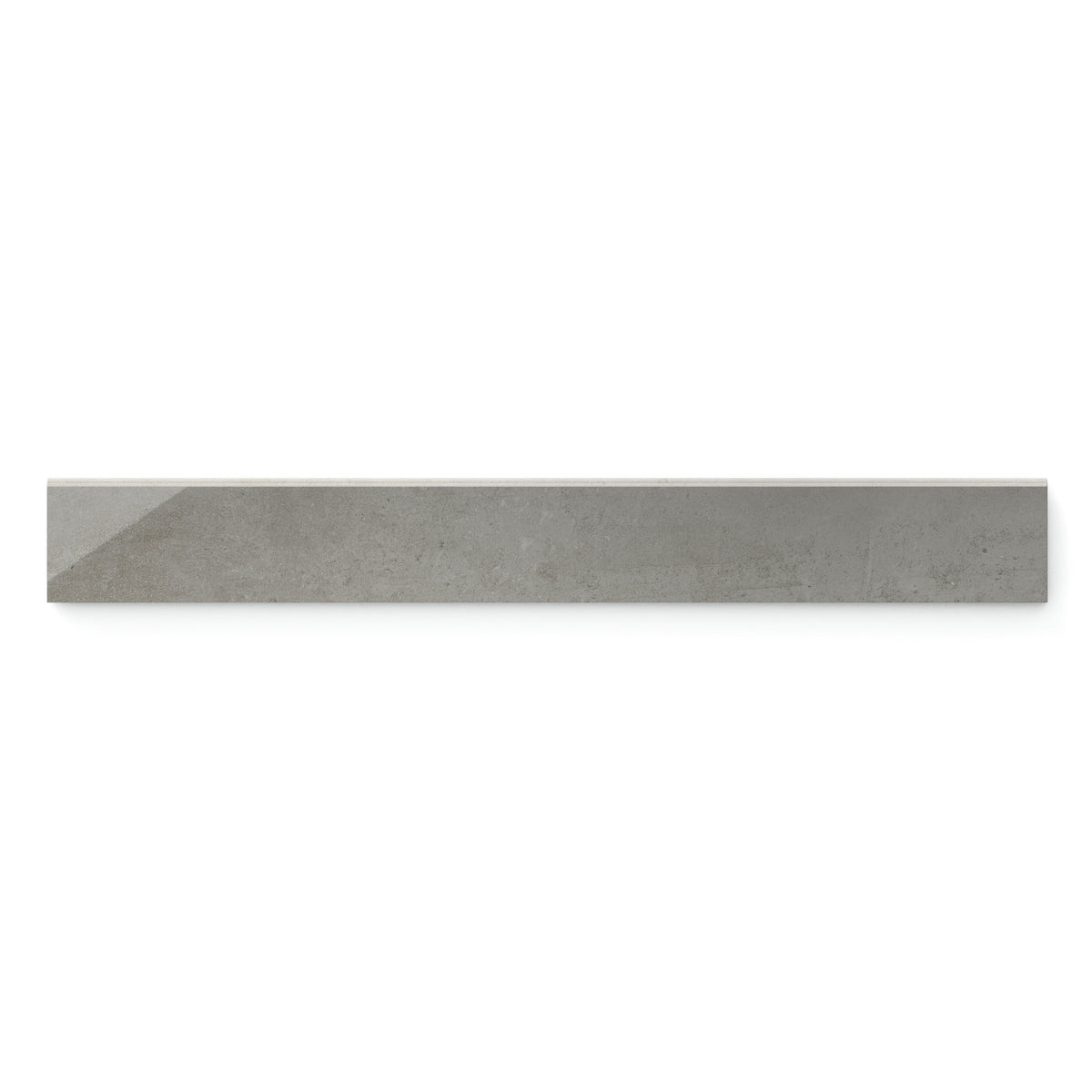 Ramsey 3x24 bullnose tile in polished finish, showcasing sleek gray hues with brown undertones and a refined concrete-inspired design
