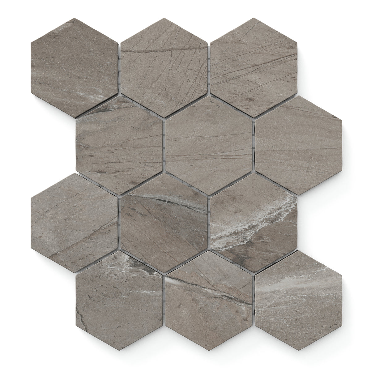 Brown matte hexagonal tiles, accented with delicate veining, offer a sleek and modern aesthetic.