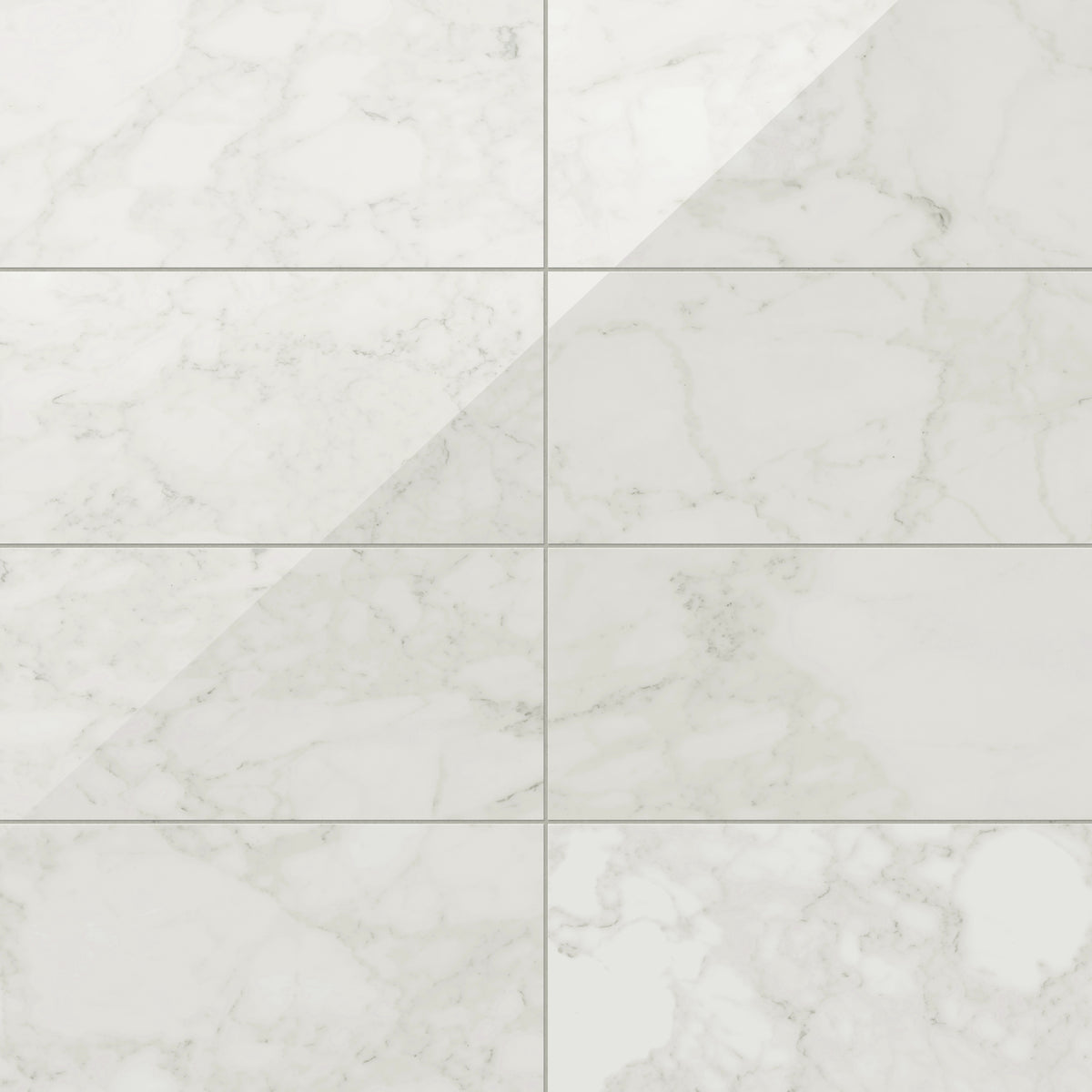 Polished Carrara Bianco porcelain marble looktile in 12x24 format, featuring light grey veining on a bright white base for timeless, versatile elegance.