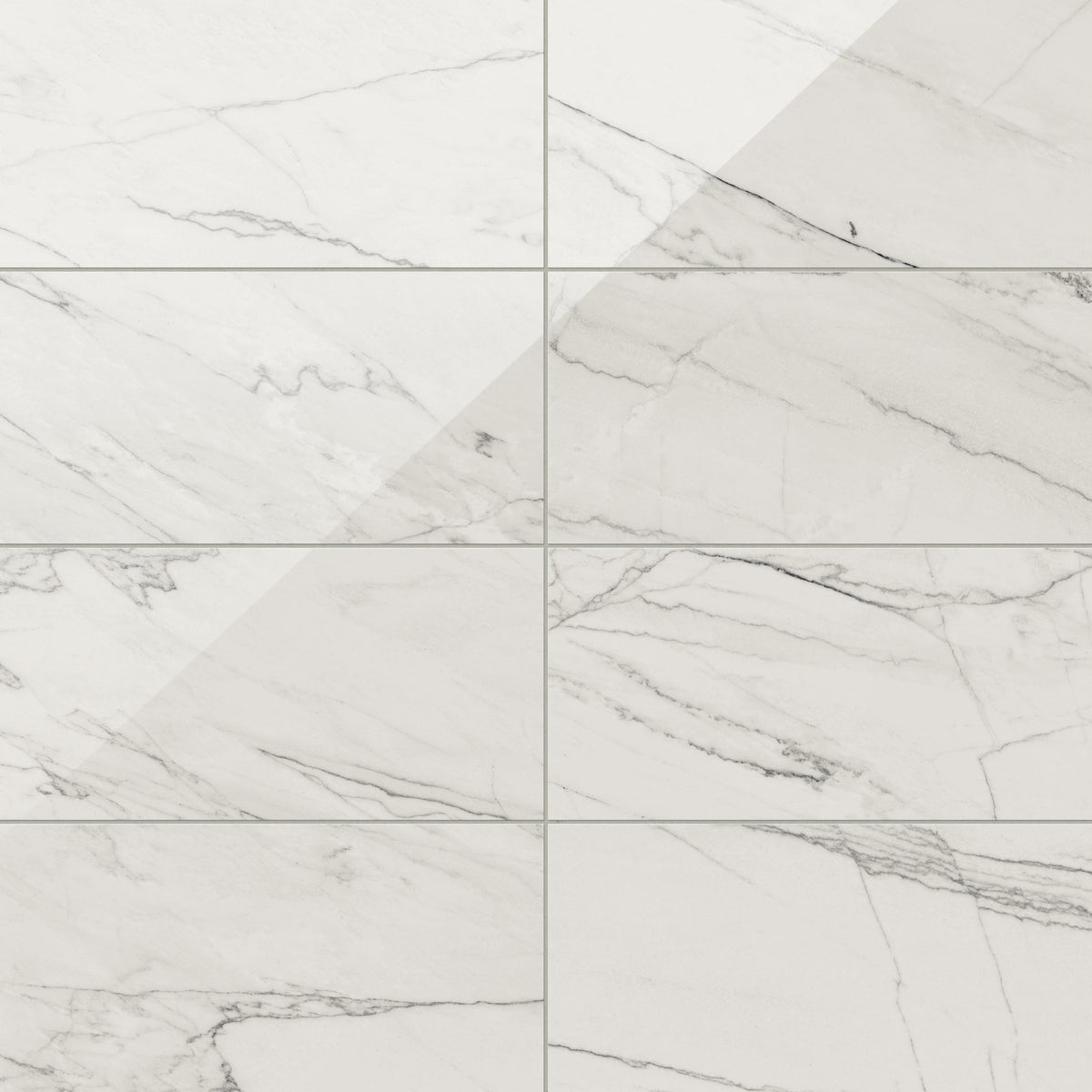 Polished Calacatta Quarzite porcelain marble look tile in 12x24 format, showcasing light grey veining on a white surface for a refined, modern aesthetic.