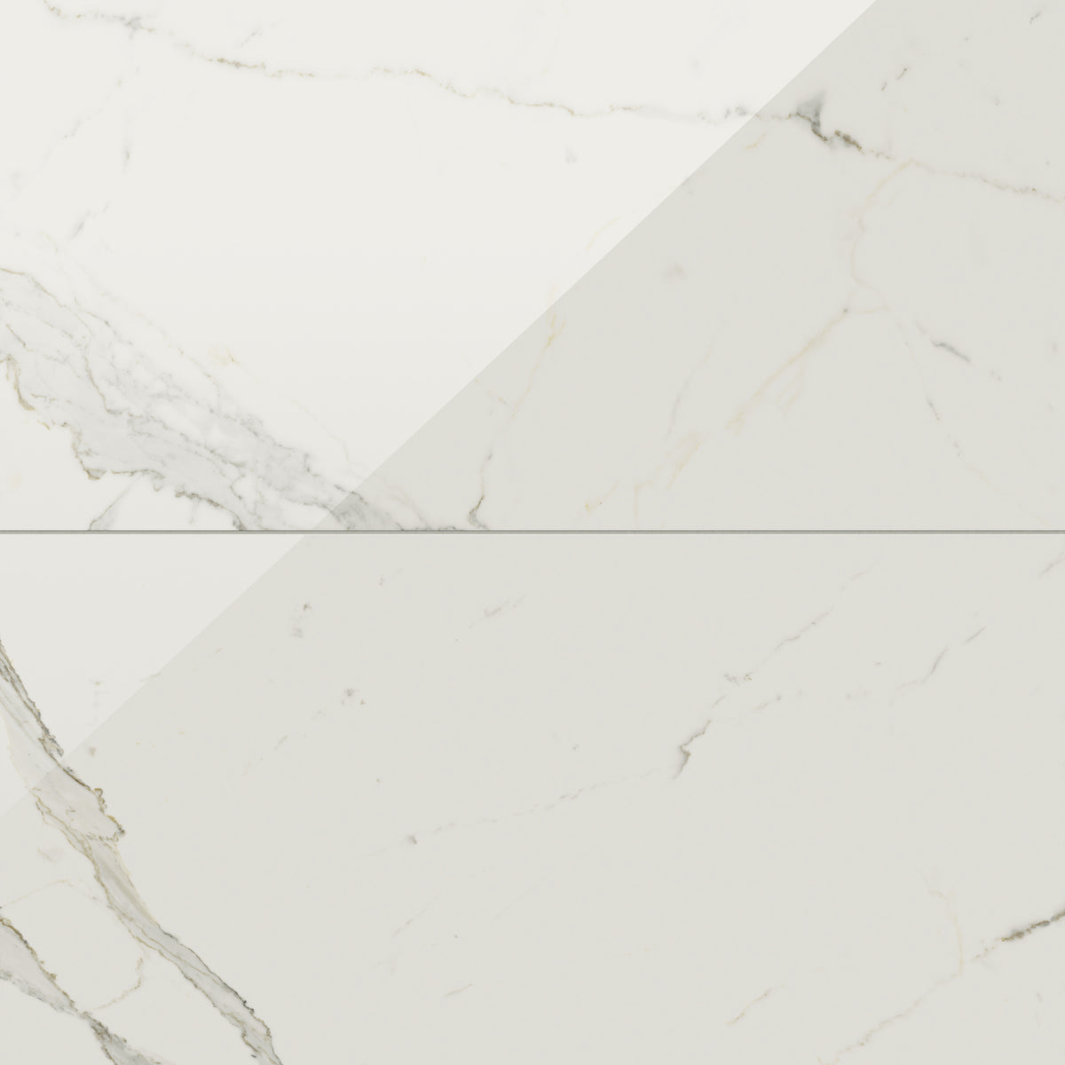Calacatta Top marble look tiles with light grey veining and white base, polished for a sophisticated finish.