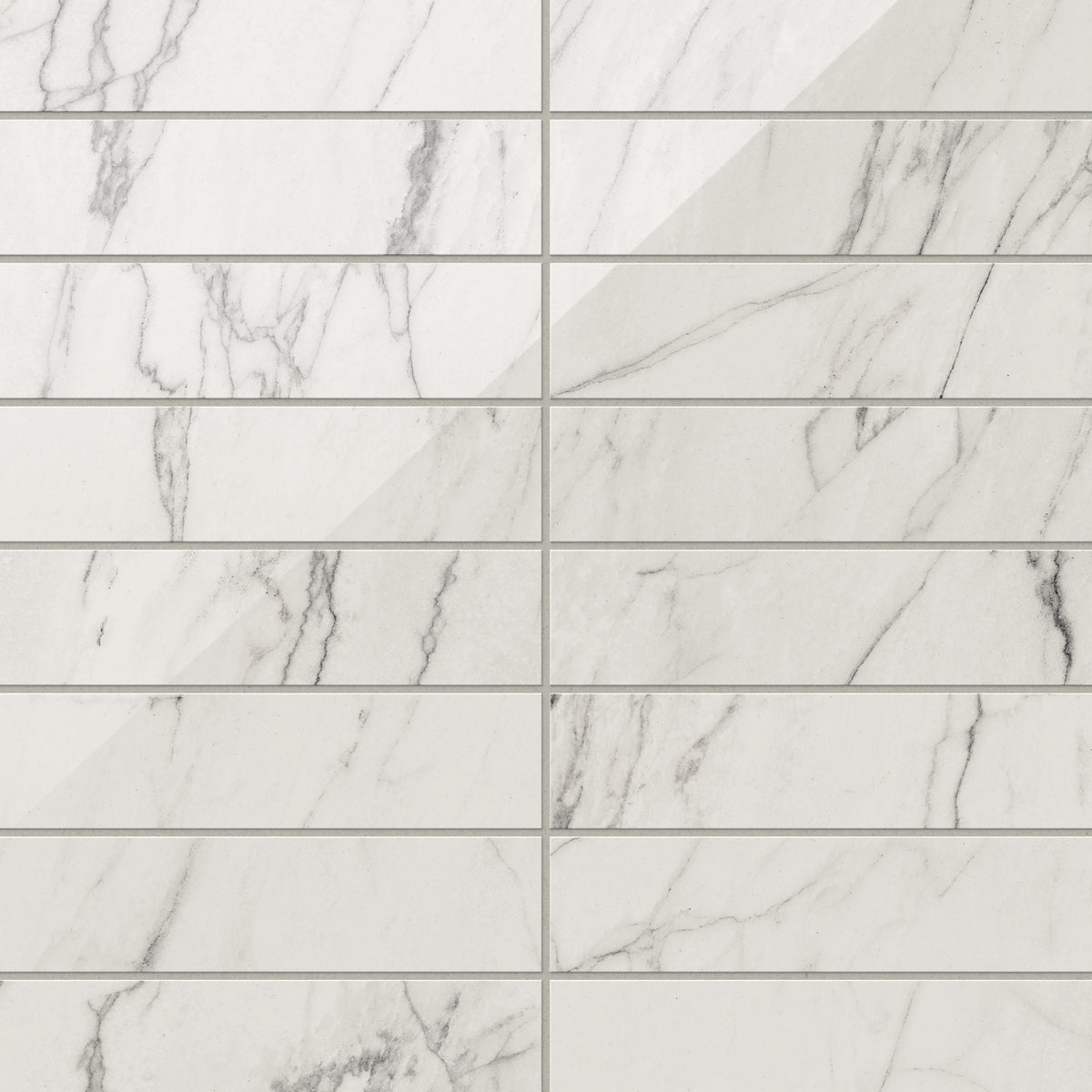 White polished Calacatta quartzite marble look subway tiles with light grey veining, offering a timeless and luxurious aesthetic.