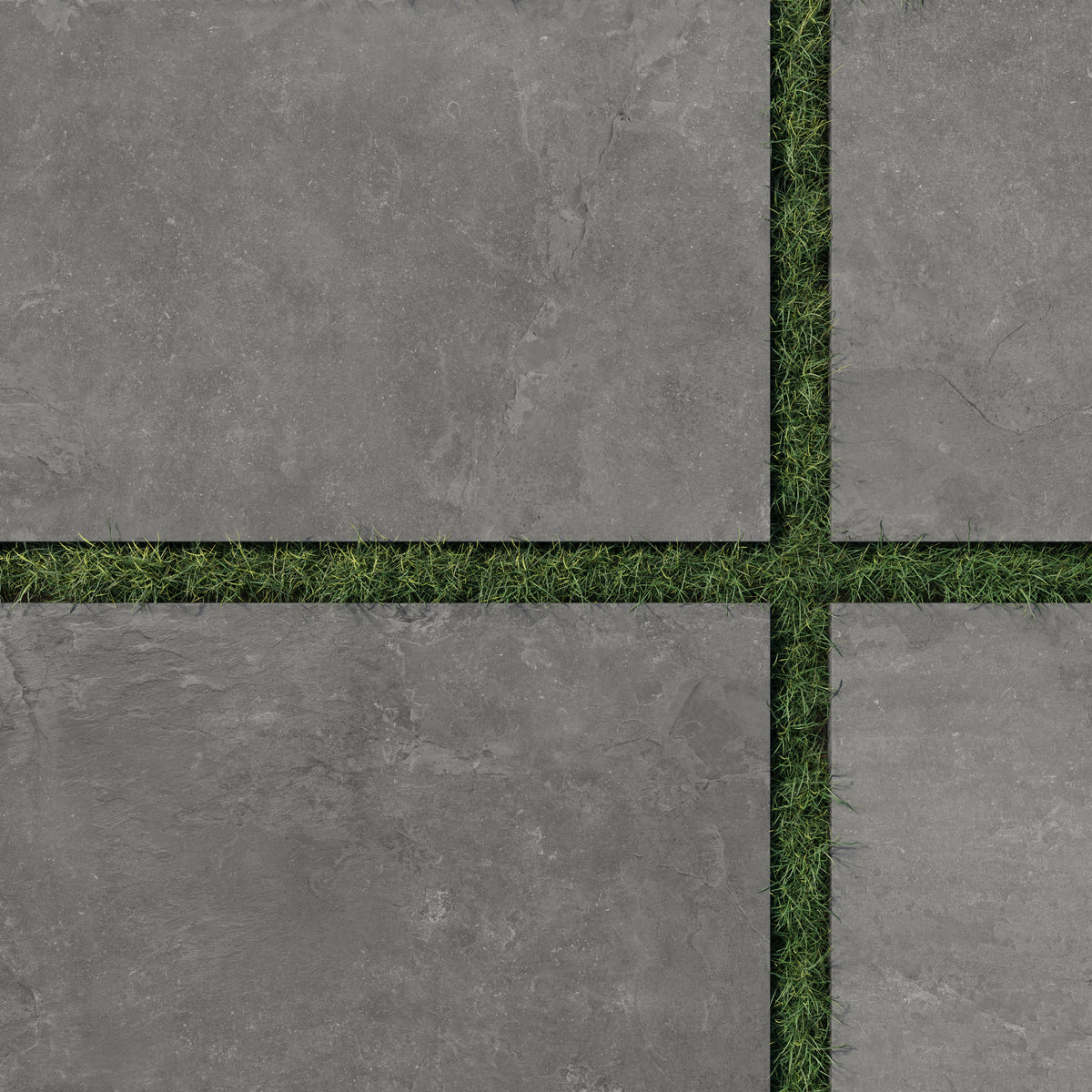 Close-up of Wren 24x36 grip porcelain 2cm paver tiles in charcoal, featuring a textured dark gray surface contrasted by lush green grass for sophisticated outdoor layouts.