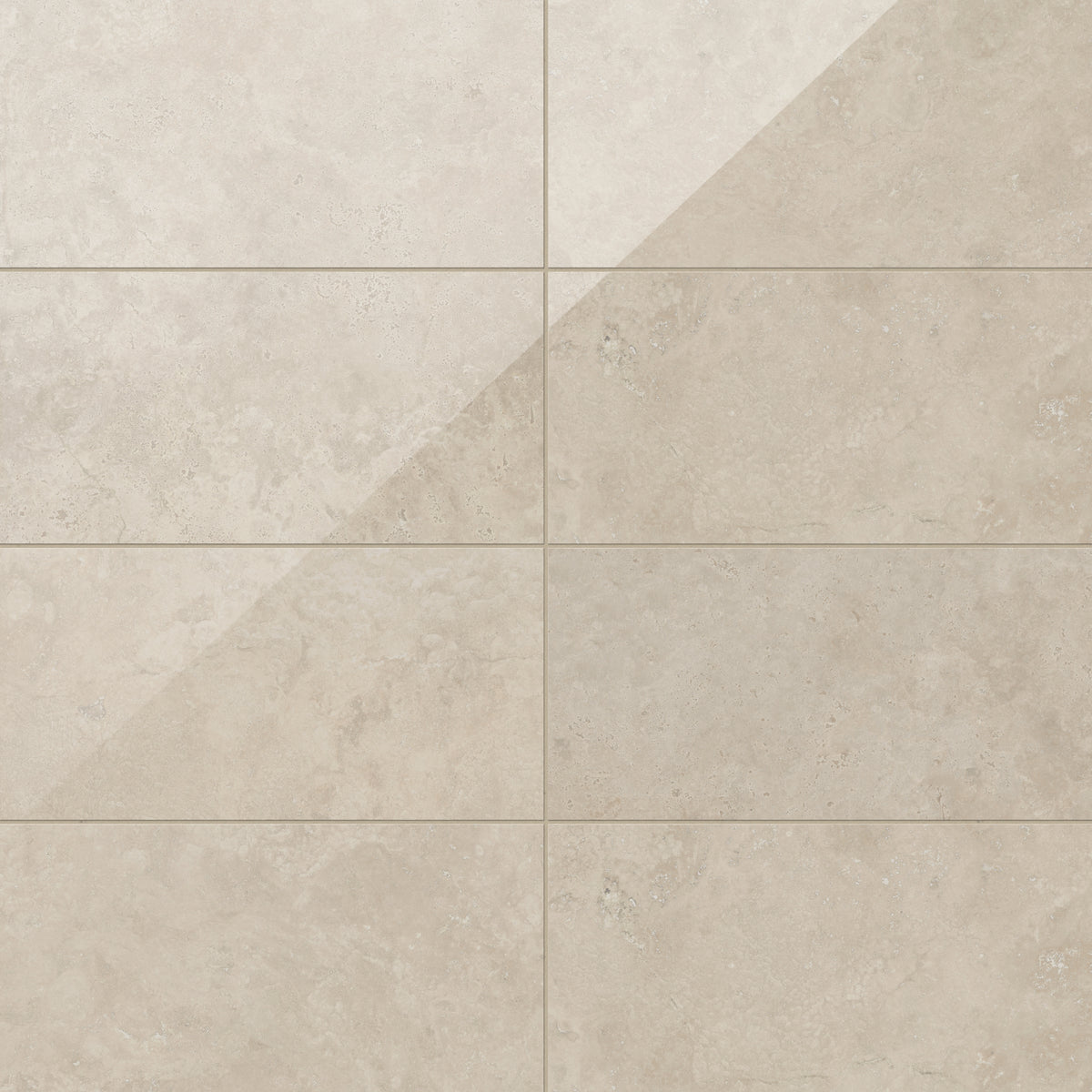 Leona 12x24 polished porcelain tile in Marfil, showcasing soft beige tones with natural stone-inspired texture.