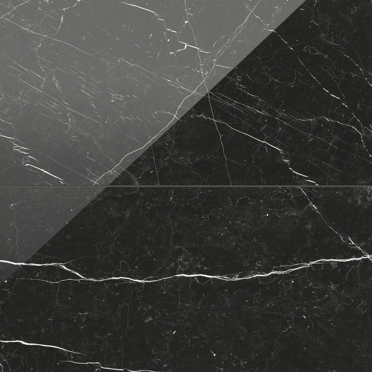 Leona polished porcelain tile in Nero Marquina with a rich black base and striking white veining, showcasing a glossy finish.